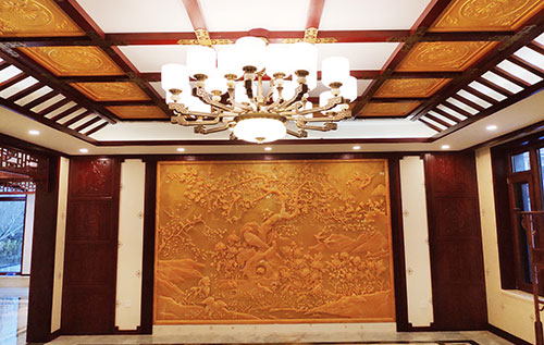 义县中式别墅客厅中式木作横梁吊顶装饰展示
