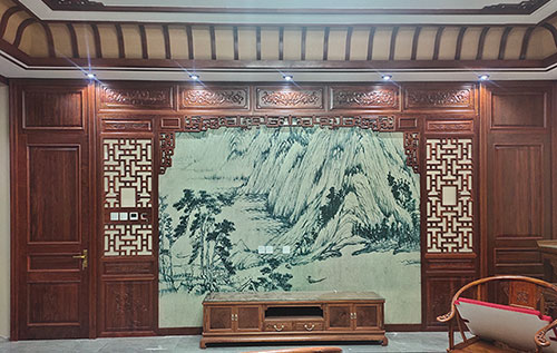 义县中式仿古别墅客厅背景墙花格木作装饰